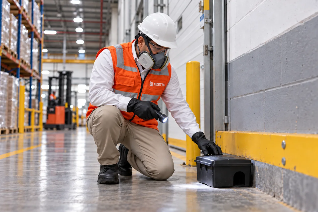 Técnico inspeccionando una estación de monitoreo de roedores