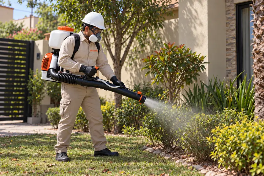 Técnico de Ozetta con motomochila realizando tratamiento en un jardín