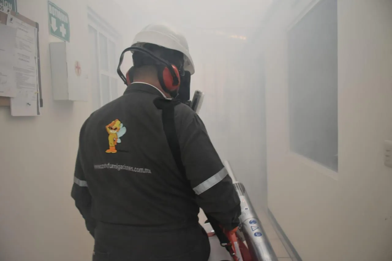 Técnico de Ozetta con casco y respirador aplicando tratamiento dentro de una habitación en León